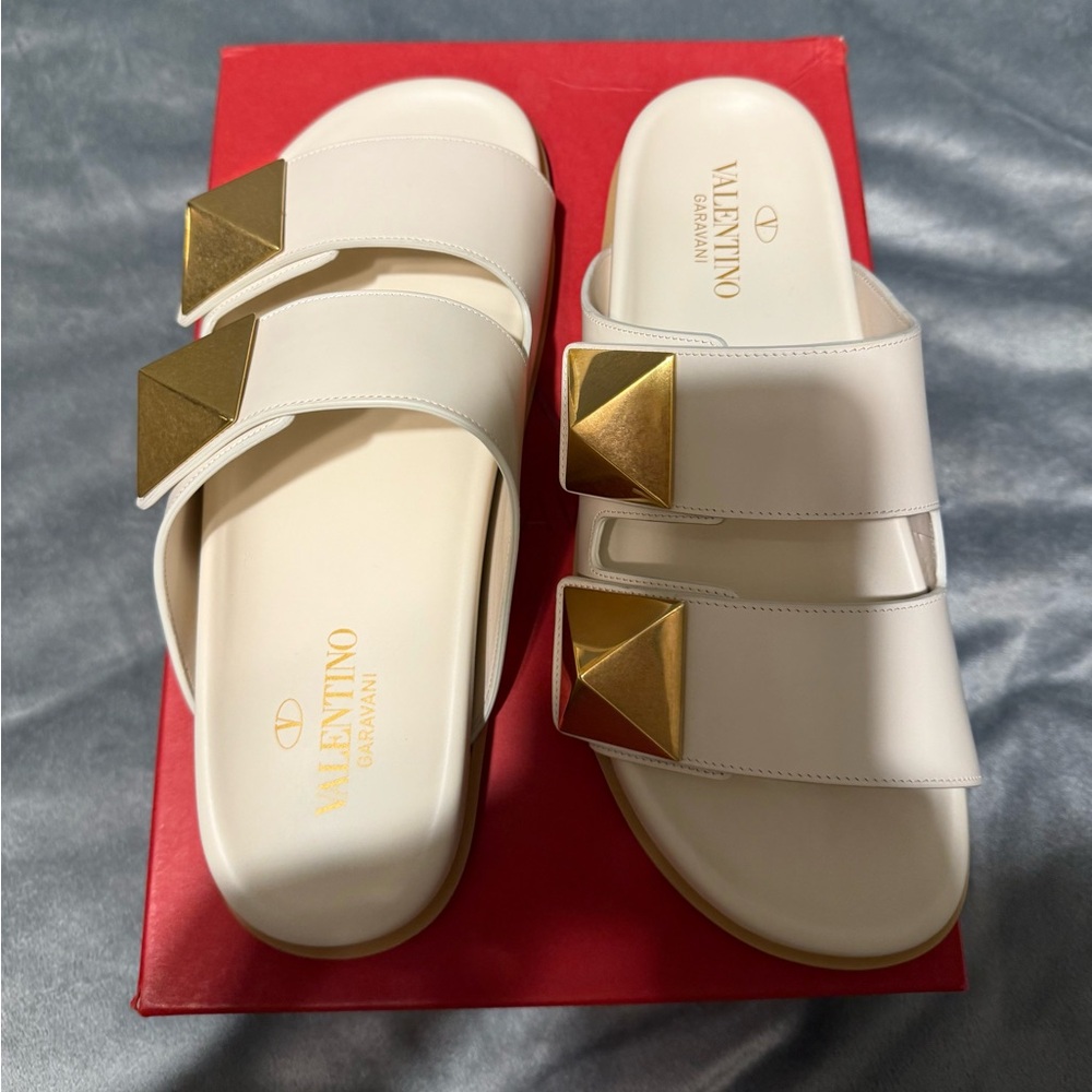 Valentino White and Gold Slide Sandals
